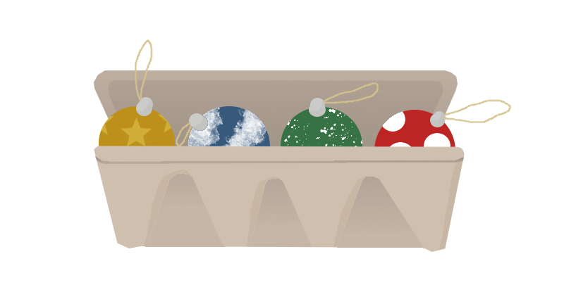 cartoon of egg box holding Christmas baubles